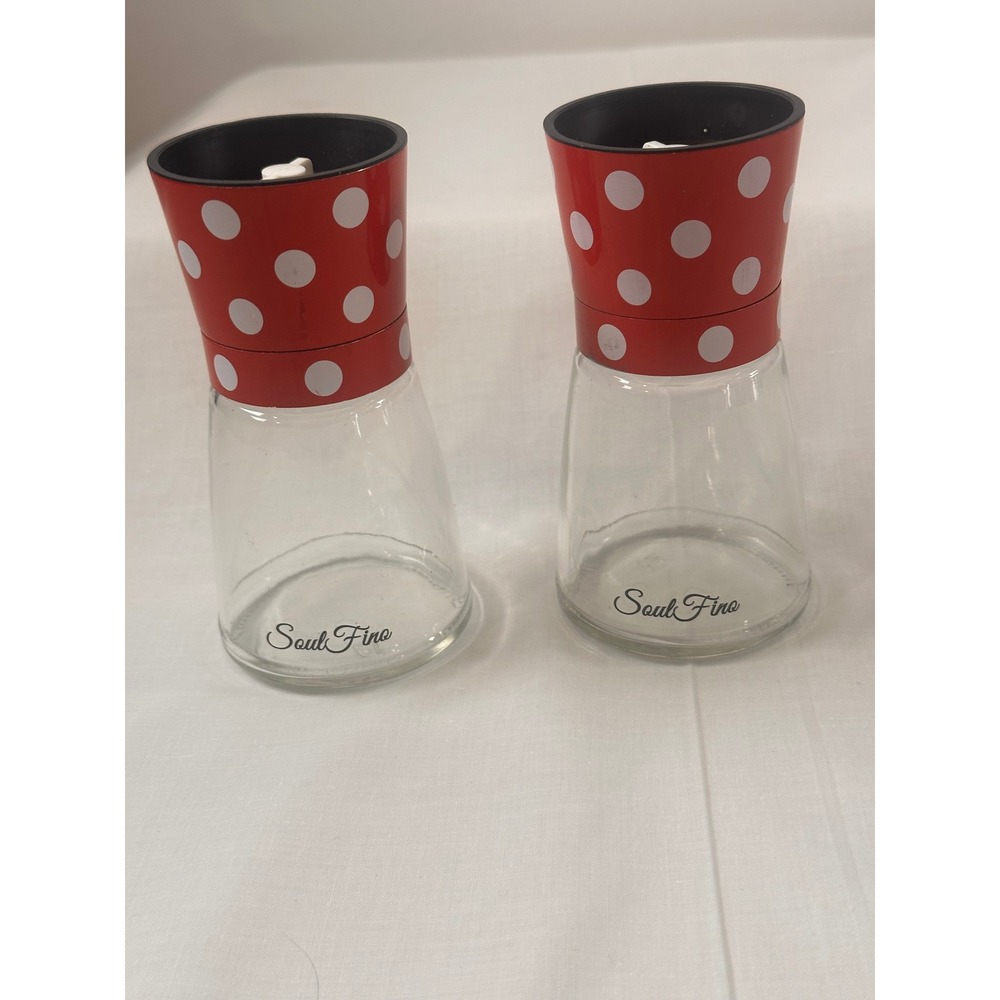 Soul Fine Red White Polka Dot Salt and Pepper Grinder Set Glass Manual Mills 5" - Picture 4 of 9
